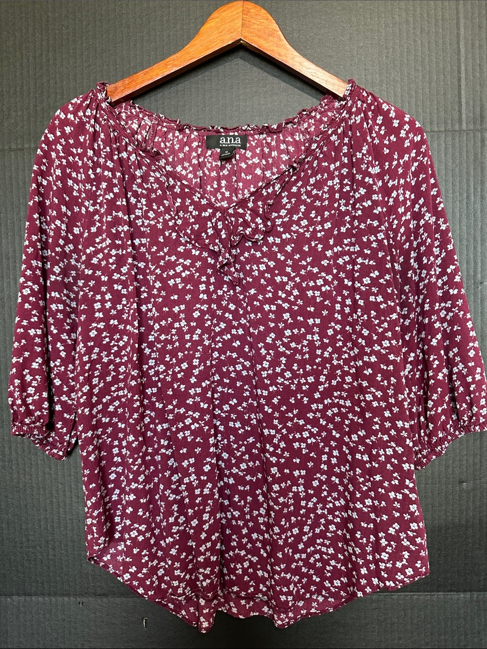 a.n.a Burgundy Floral Peasant Blouse with Tie Neck